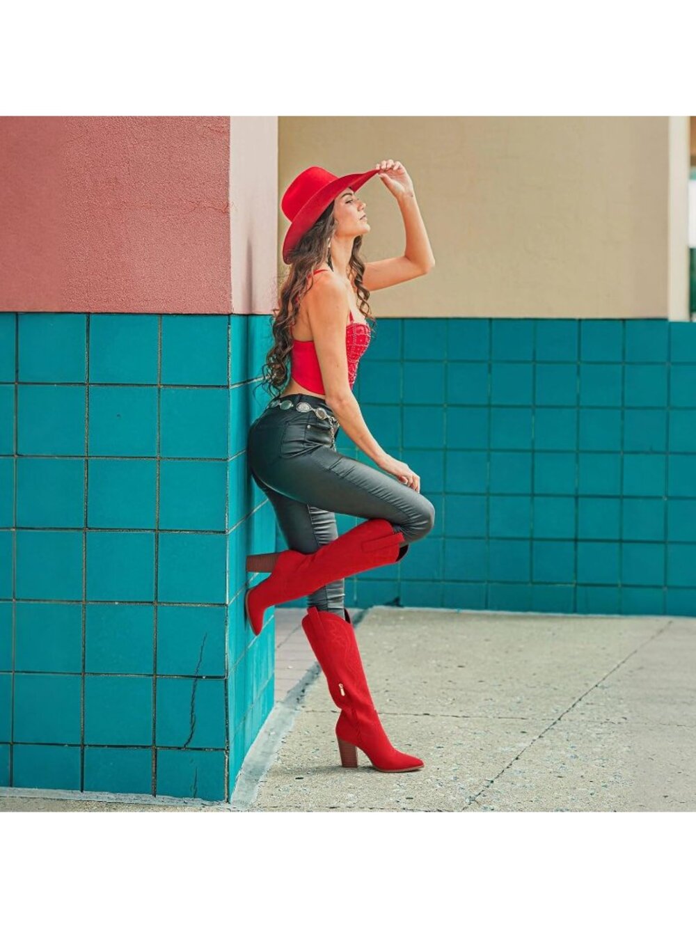 Women Red Suede Leather Pull-on Pointed Toe Chunky High Heel Embroidered Boot - Picture 2 of 6